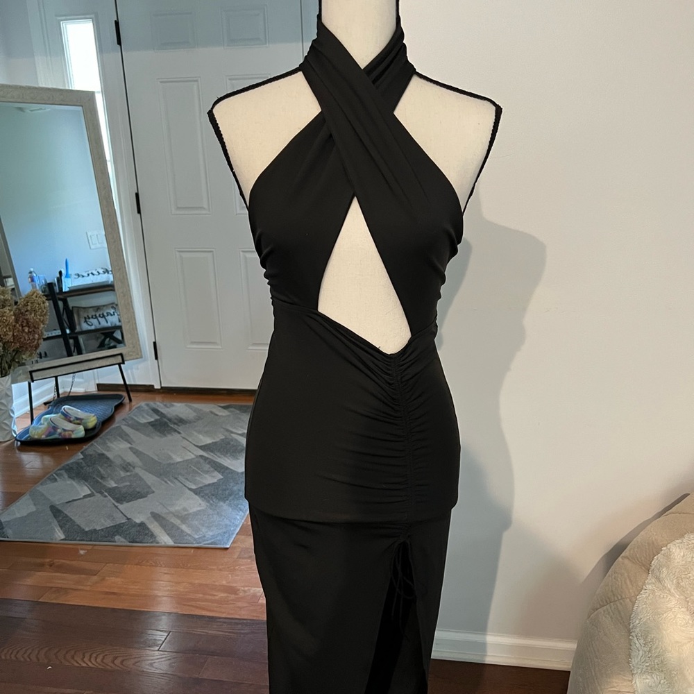 LEAU XS black cut out halter dress with slit size XS worn once